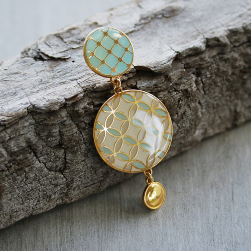 Round Tile Earring Post GOLD EPOXY - Coral - 10 pcs