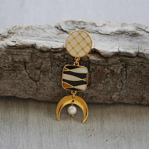 Round Tile Earring Post GOLD EPOXY - Black - 10 pcs
