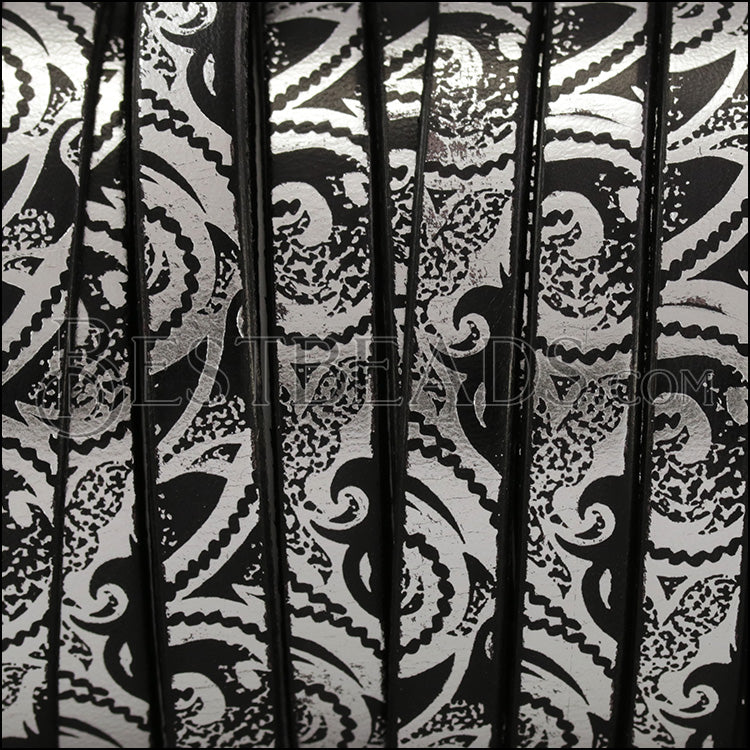 10mm flat METALLIC PRINTS leather BLACK - SILVER - meter