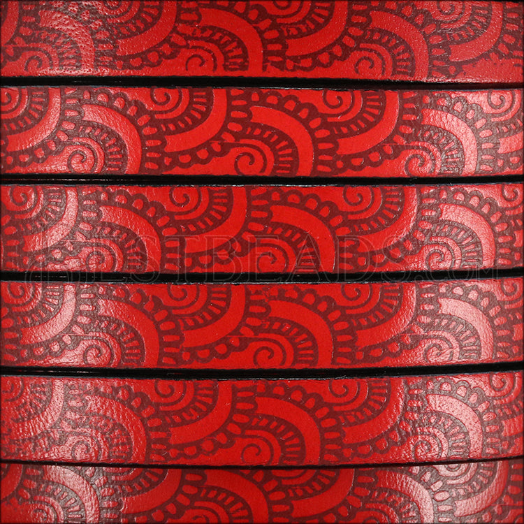 10mm Flat FOIL STAMPED WAVES leather RED with BURGUNDY - meter