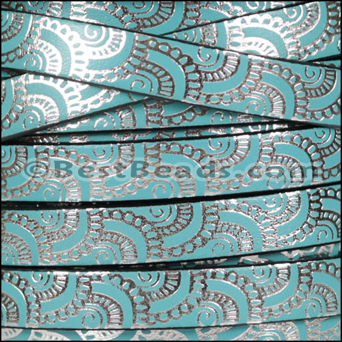 10mm Flat FOIL STAMPED WAVES leather PASTEL TURQ with SILVER - meter