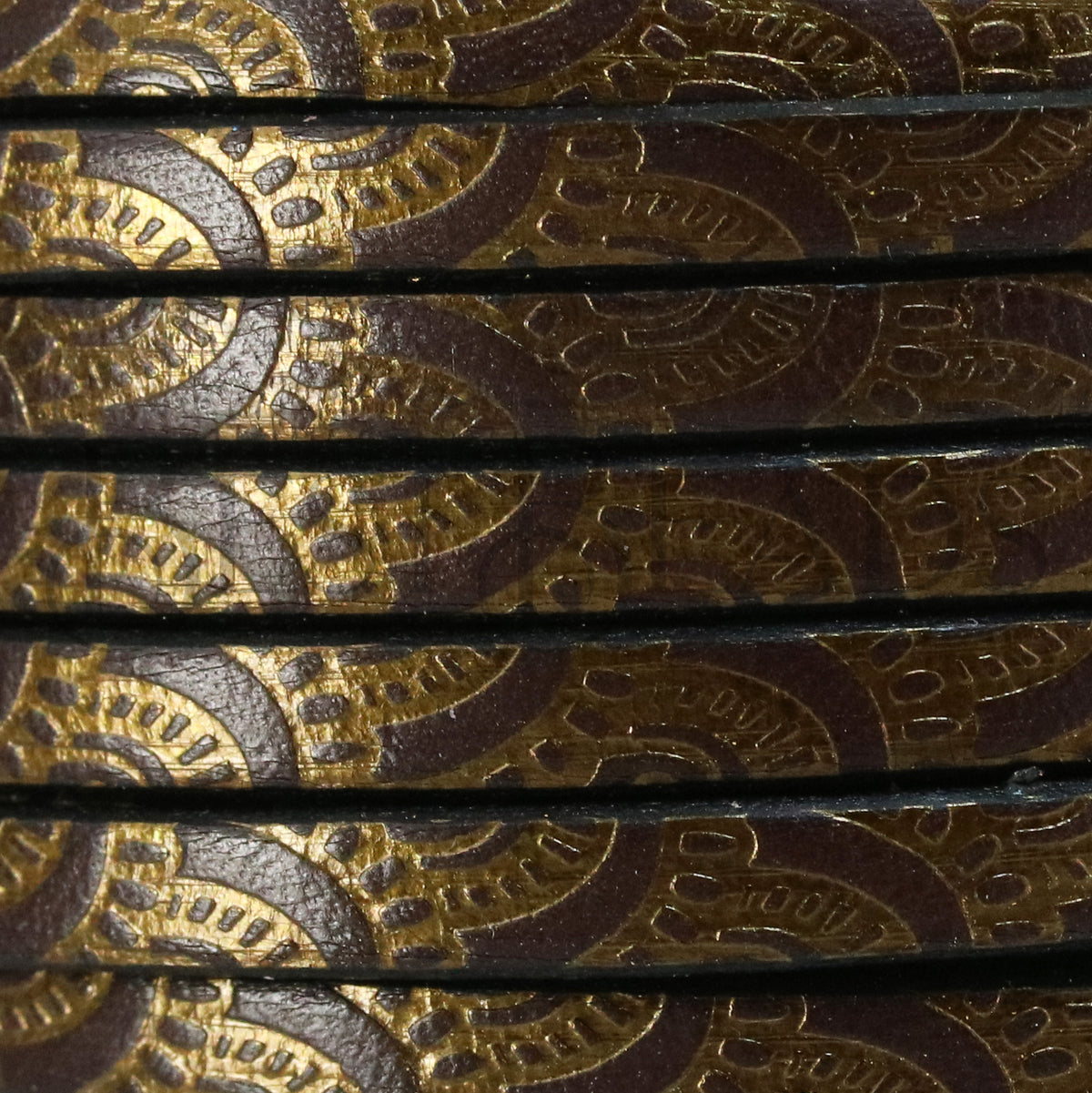 5mm Flat FOIL STAMPED WAVES leather CHOCOLATE with OLD GOLD - meter