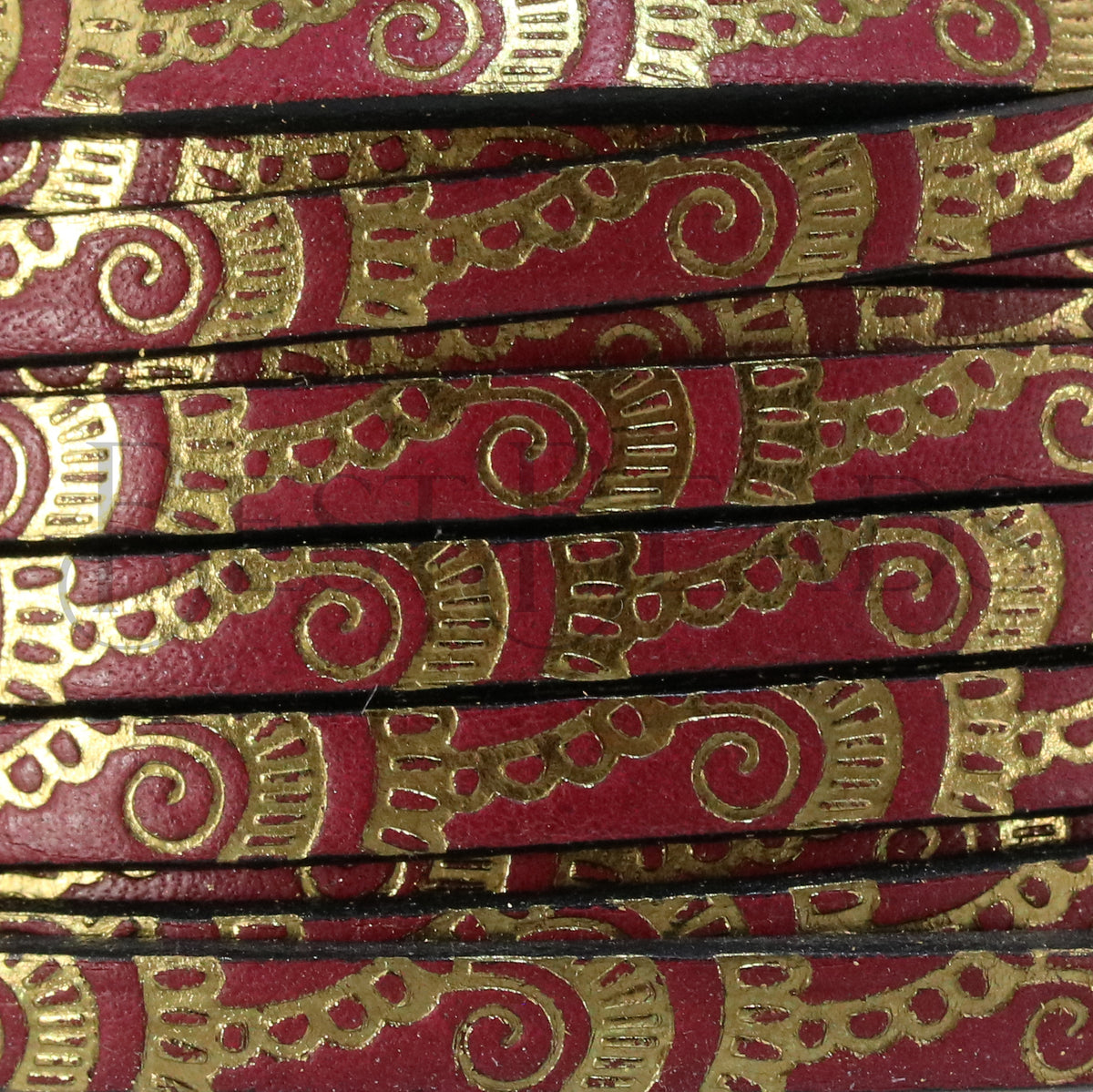 5mm Flat FOIL STAMPED WAVES leather PLUM with OLD GOLD - meter