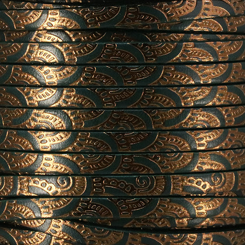 5mm Flat FOIL STAMPED WAVES leather ARMY GREEN with OLD GOLD - meter