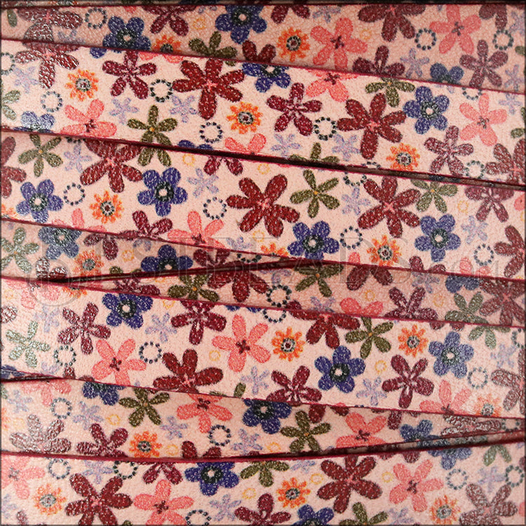 10mm flat EURO PRINTED leather PINK FLOWERS - meter