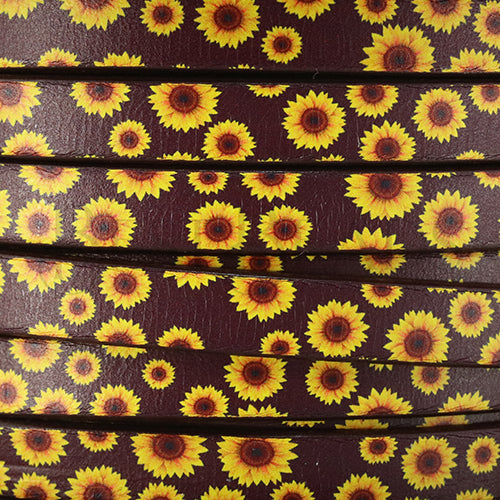 10mm flat EURO PRINTED leather BROWN SUNFLOWERS - meter