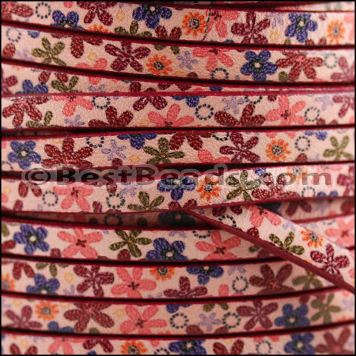 5mm flat EURO PRINTED leather PINK FLOWERS - meter