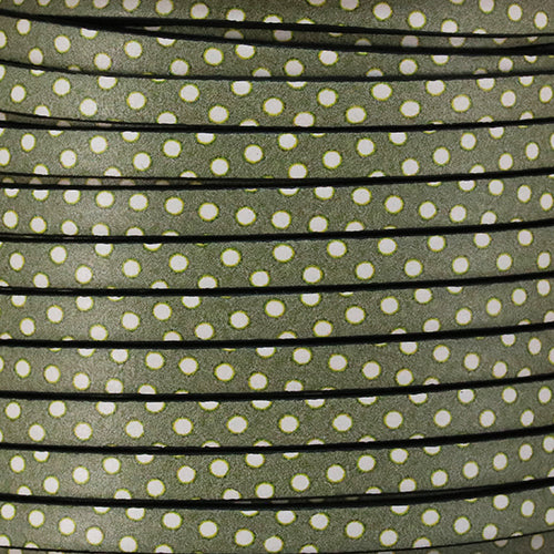 5mm flat EURO PRINTED leather GREEN/WHITE POLKA DOTS - meter