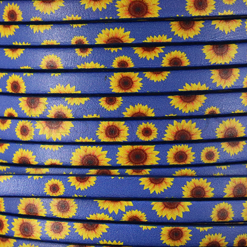 5mm flat EURO PRINTED leather BLUE SUNFLOWERS - meter