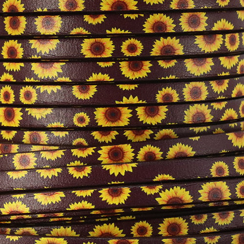 5mm flat EURO PRINTED leather BROWN SUNFLOWERS - meter