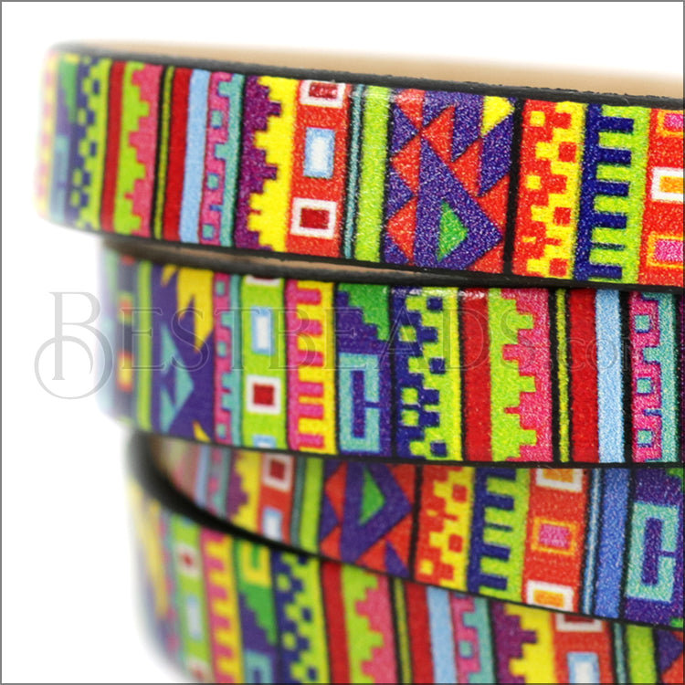 10mm flat EURO PRINTED leather TRIBAL RAINBOW - meter strip