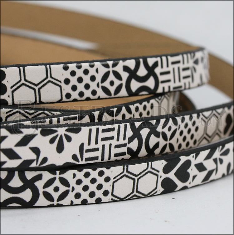 10mm flat EURO PRINTED leather BLACK/WHITE MULTI-PATTERN - meter strip