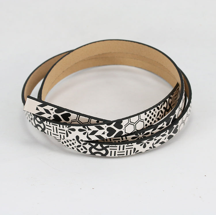10mm flat EURO PRINTED leather BLACK/WHITE MULTI-PATTERN - meter strip