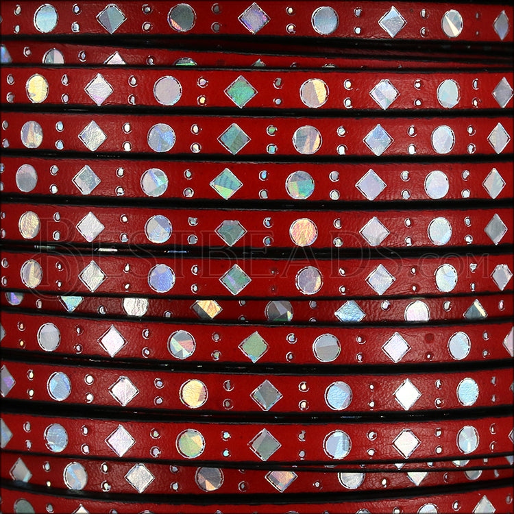 5mm flat FOIL STAMPED DOTS + DIAMONDS leather RED/SILVER MIRROR - meter