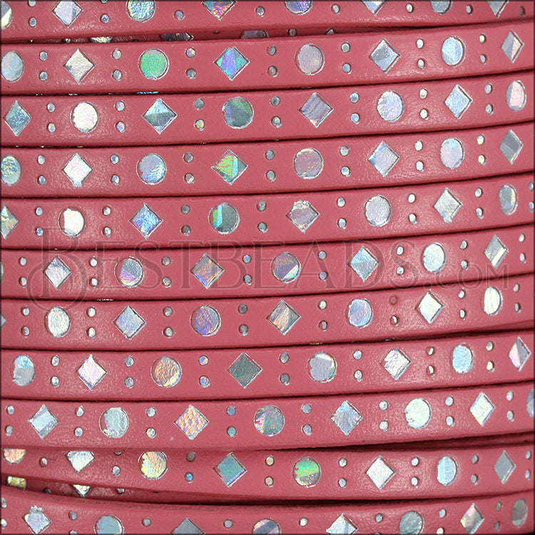 5mm flat FOIL STAMPED DOTS + DIAMONDS leather CANDY ROSE/SILVER MIRROR - meter