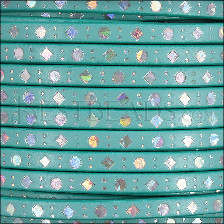 5mm flat FOIL STAMPED DOTS + DIAMONDS leather CANDY ROBINS EGG/SILVER MIRROR - meter