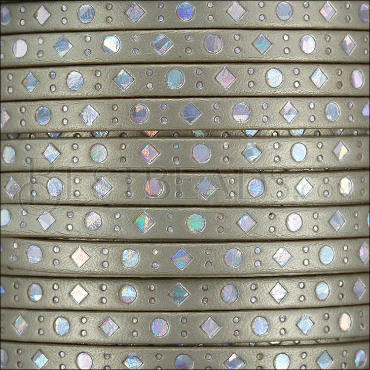 5mm flat FOIL STAMPED DOTS + DIAMONDS leather CHAMPAGNE/SILVER MIRROR - meter