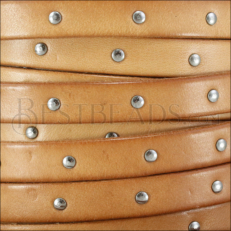 10mm flat STUDDED leather NATURAL - meter