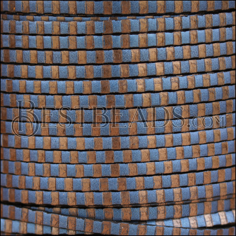 3mm flat FOIL STAMPED STRIPES leather BLUE & BRONZE - meter
