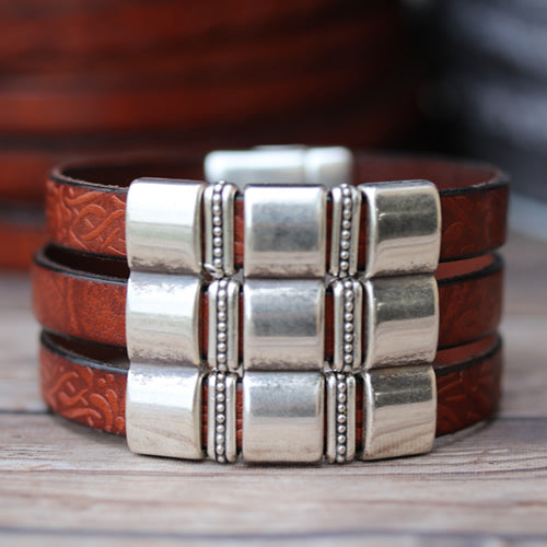 10mm flat IMPRINTED FLORAL leather BROWN - meter