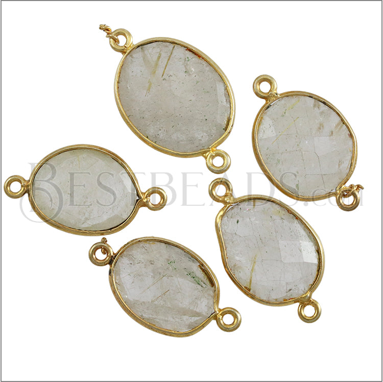 Bezel GEMSTONE Connector Charm GOLD - CLEAR QUARTZ - 2 pcs