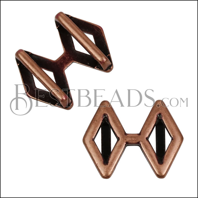 10mm flat DOUBLE DIAMOND slider ANTIQUE COPPER - 10 pcs