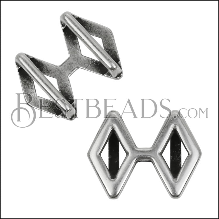 10mm flat DOUBLE DIAMOND slider ANTIQUE SILVER - 10 pcs
