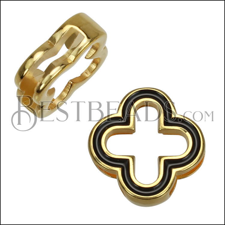 15mm flat SQUARE CLOVER slider SHINY GOLD with BLACK - 10 pcs
