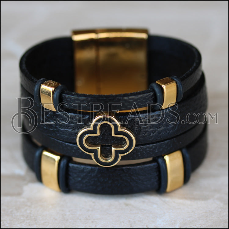 15mm flat SQUARE CLOVER slider SHINY GOLD with BLACK - 10 pcs