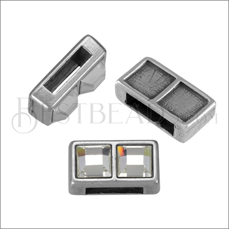 10mm flat *EMPTY* 2 SQUARE BEZEL slider ANT SILVER - 10 pcs