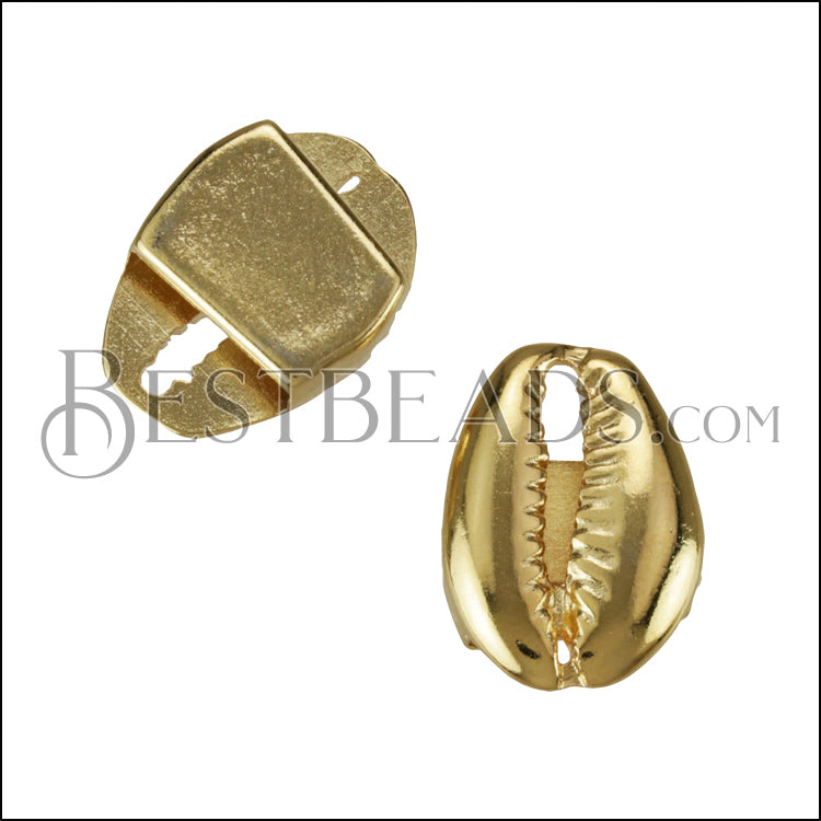 10mm flat COWRIE SHELL slider SHINY GOLD - 10 pcs