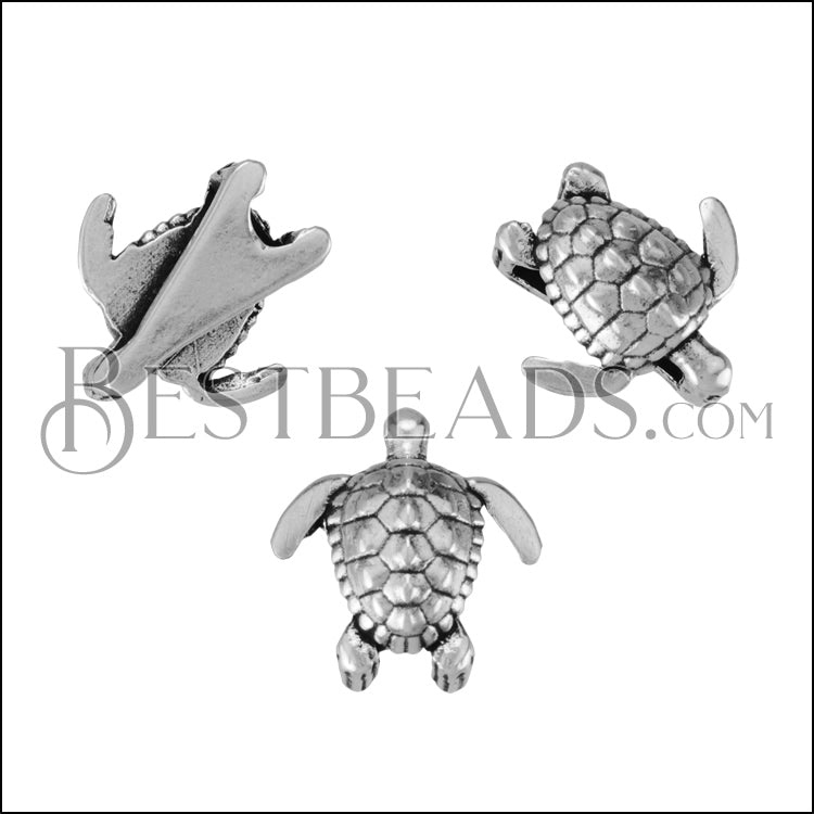 10mm flat SEA TURTLE slider ANT SILVER - 10 pcs