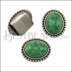 10mm Flat DOTTED GREEN slider ANT SILVER - 10 pcs