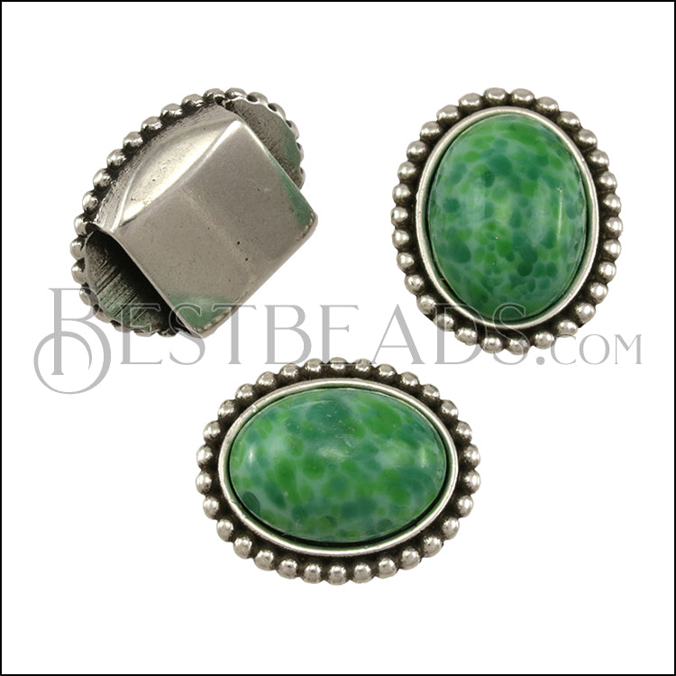 10mm Flat DOTTED GREEN slider ANT SILVER - 10 pcs