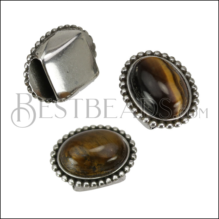 10mm Flat DOTTED TIGERS EYE slider ANT SILVER - 10 pcs