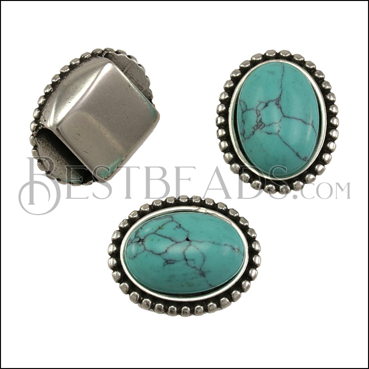 10mm Flat DOTTED TURQUOISE slider ANT SILVER - 10 pcs