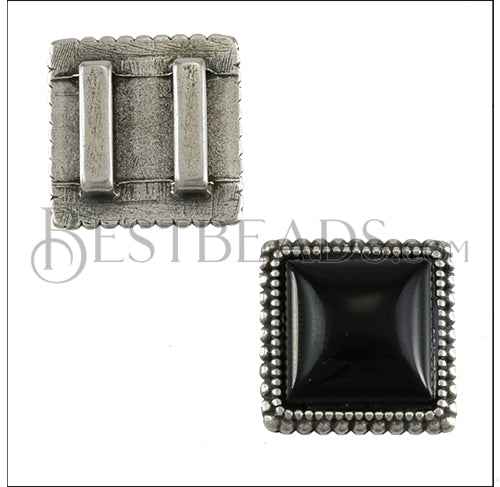 10mm flat SQUARE DOTS ONYX SLIDER ANT SILVER - 10 pcs