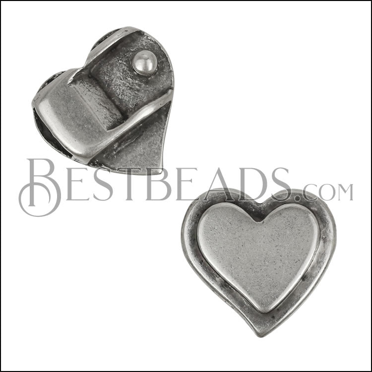 10mm flat ADJUSTABLE HEART clasp ANT SILVER - 10 pcs