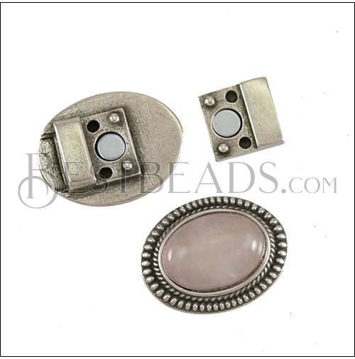 10mm flat OVAL DOTS ROSE QUARTZ MAGNET ANT SILVER - 5 pcs