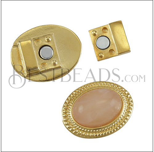 10mm flat OVAL DOTS ROSE QUARTZ MAGNET SHINY GOLD - 5 pcs