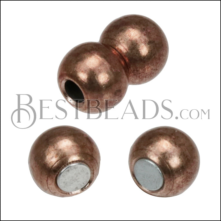2mm round 2 PLAIN SPHERES magnetic clasp ANT. COPPER - 10 pcs