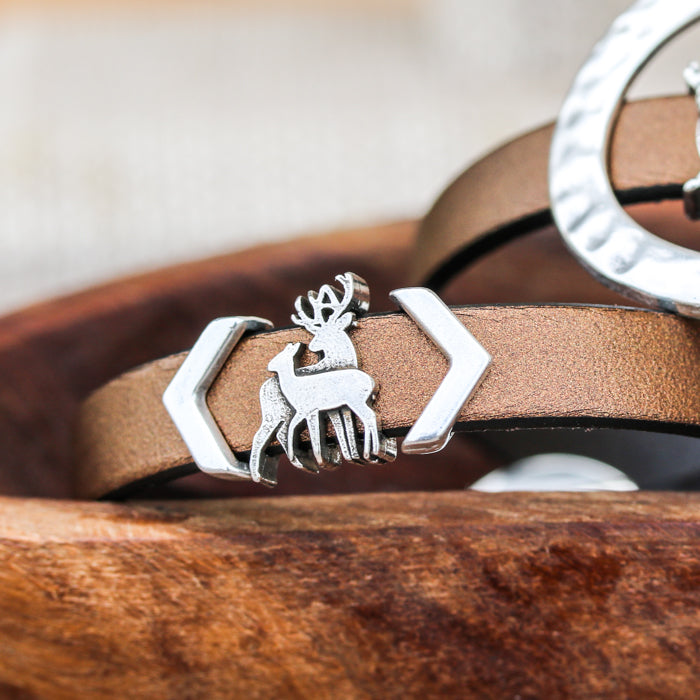 Bracelet features Deer Slider, Crimpable Chevron Bar-685, 10mm Metallic Brown Flat Leather