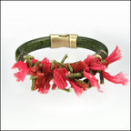 Bracelet sample using REG-SP-24 in AB finish. With distressed green leather (REG-L-2M-15), magnetic clasp (REG-CL-2AB-P), and assorted fairy ribbon and silk string.
