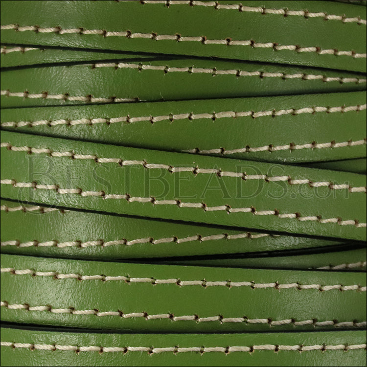10mm flat STITCHED leather OLIVE GREEN - meter