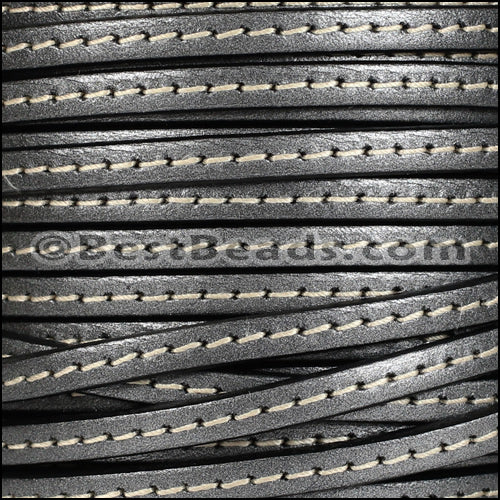 5mm flat STITCHED leather METALLIC GUNMETAL - meter