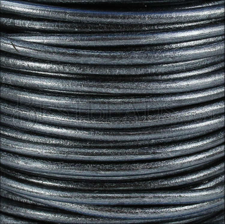 Ltd Edition LEATHER 5mm Round - MET. SILVER/BLACK - 10 meter SPOOL
