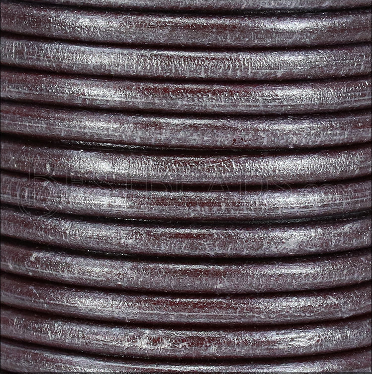 Ltd Edition LEATHER 5mm Round - MET. BORDEAUX/SILVER - 10 meter SPOOL